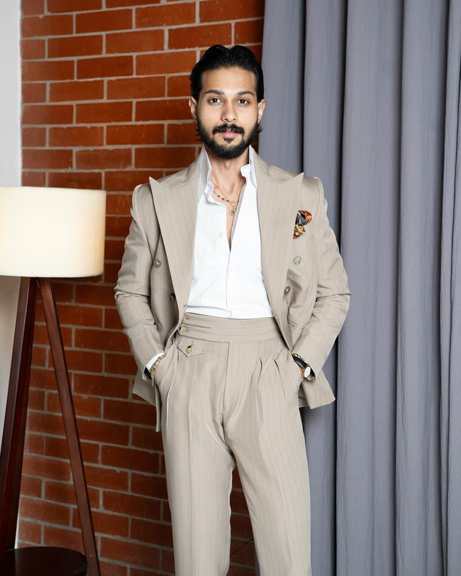 Beige pinstripe Suit Hover Image
