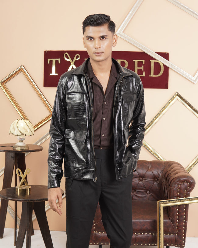 Black Leather Cropped Jacket Hover Image