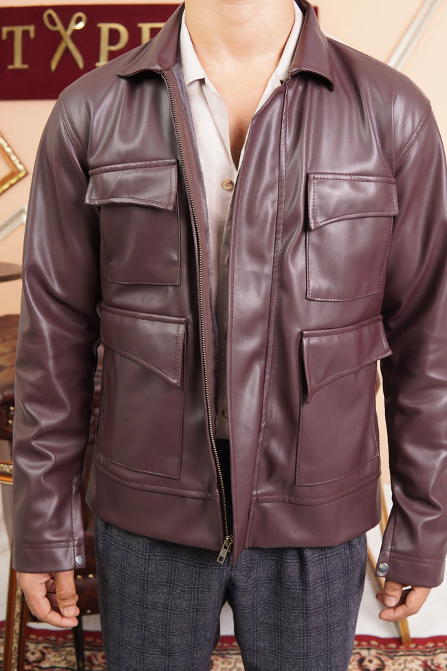Brown Leather Cropped Jacket Main Image