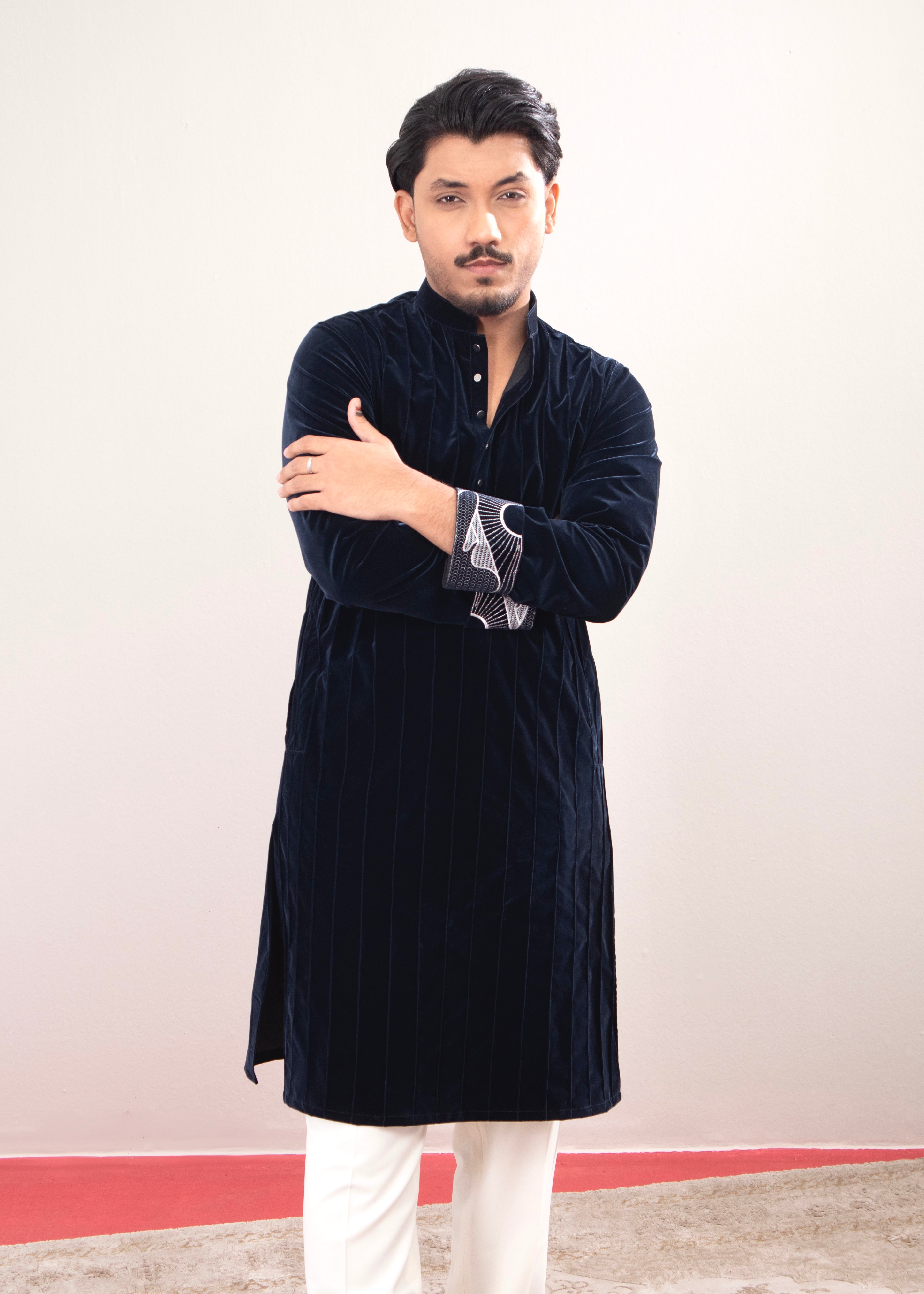 Navy Signature Pin-Tucked Panjabi