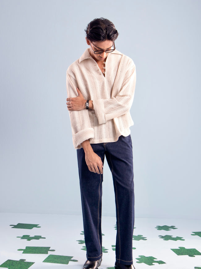 Ivory Stripe Crochet Popover Main Image