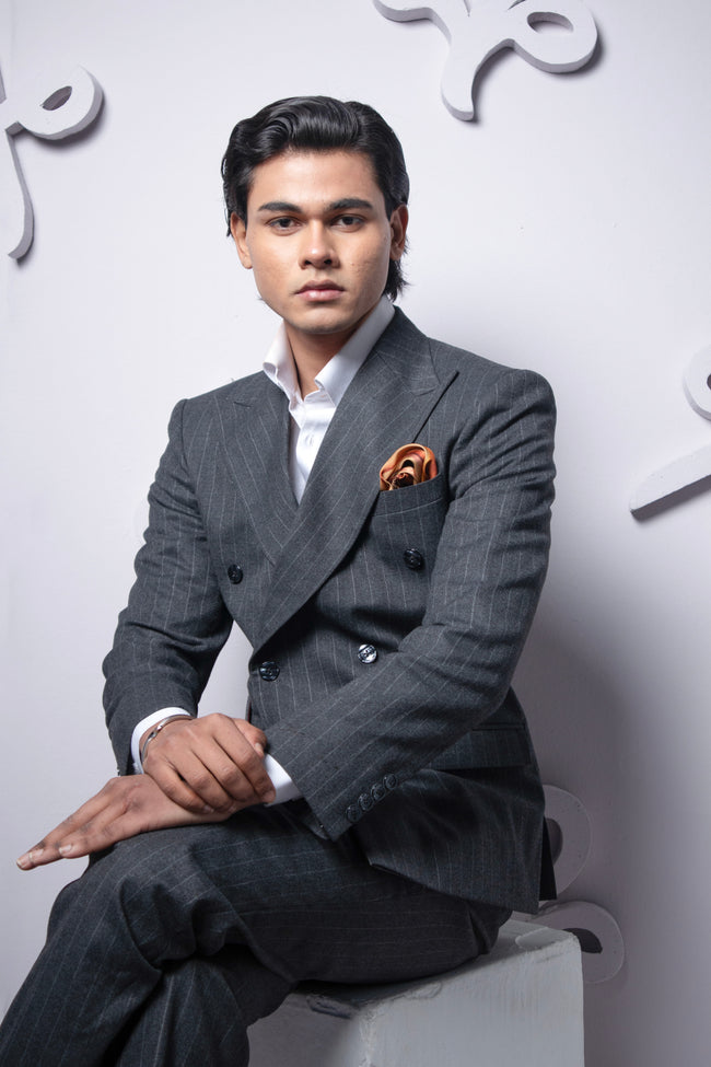Grey Pinstripe Double Breasted Suit Hover Image